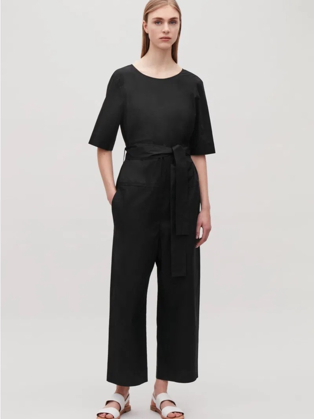 COS Short-Sleeve Poplin Black Cotton Belted Jumpsuit Size 36